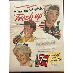 Vtg 1940s 7up Fresh Up Print Ad Three Generations Kid Mom Grandmother 11x14"